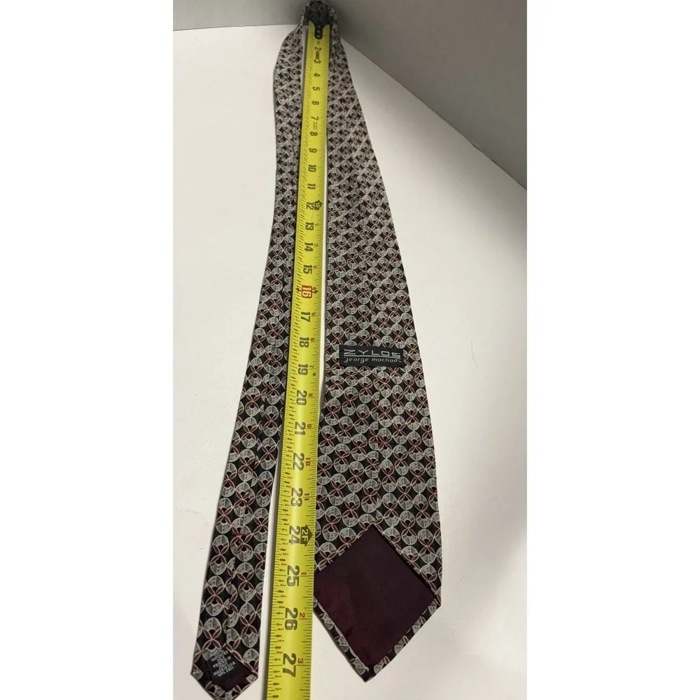 Zylos George Machado Silk Tie Geometric Medallion Black Burgundy Made in USA